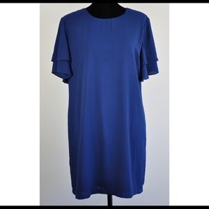 Naked Zebra Womens Sz L Shift Dress Navy Career Zipper Back Flutter Sleeve